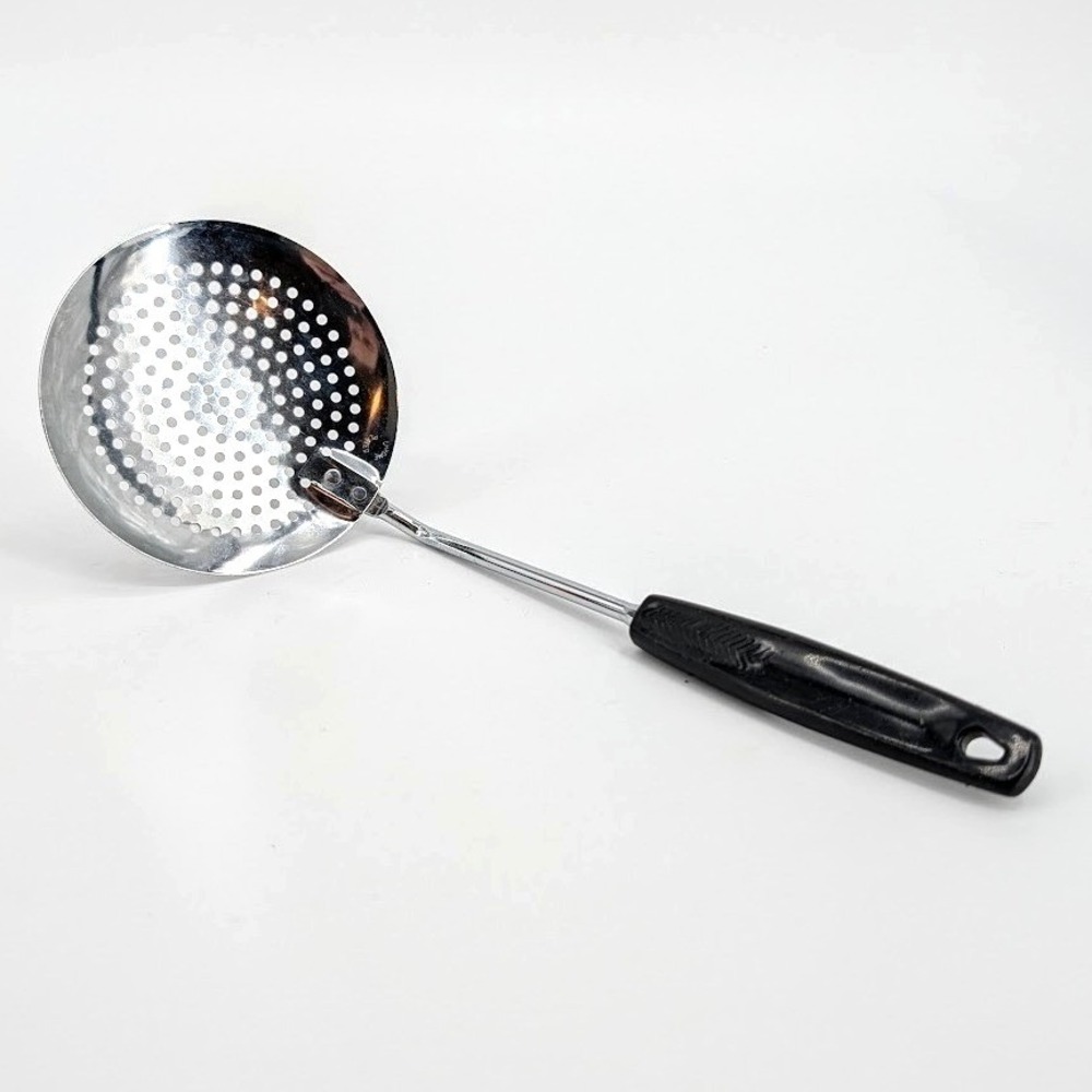 Vintage Foley USA Chrome Plated Spider Skimmer Slotted Spoon Black Handle 11.5in